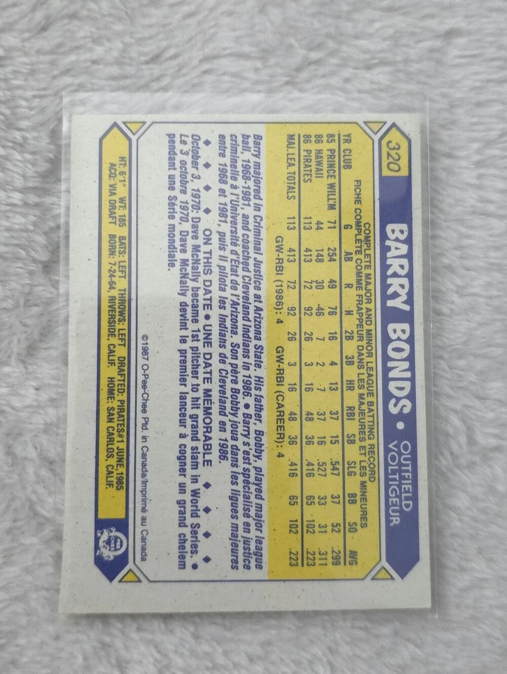 1987 Barry Bonds O-Pee-Chee #320 (RC) Rookie